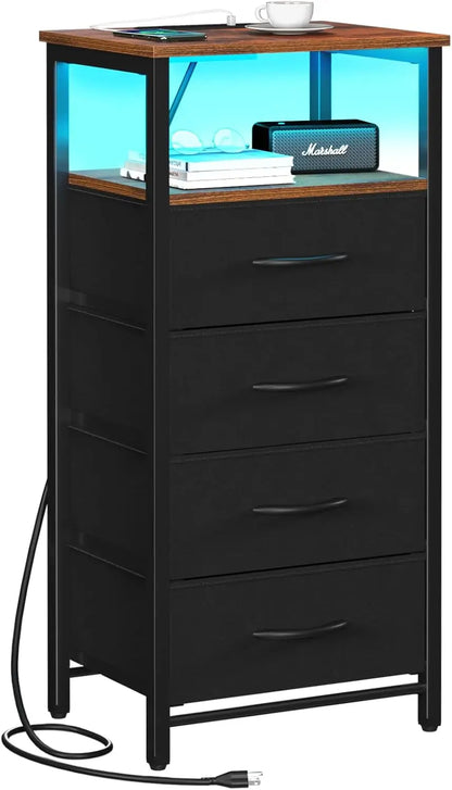 LED Rustic Nightstand with Charging Station 4 Storage Drawers and Storage Shelf End Table with USB Ports and Outlets Furniture