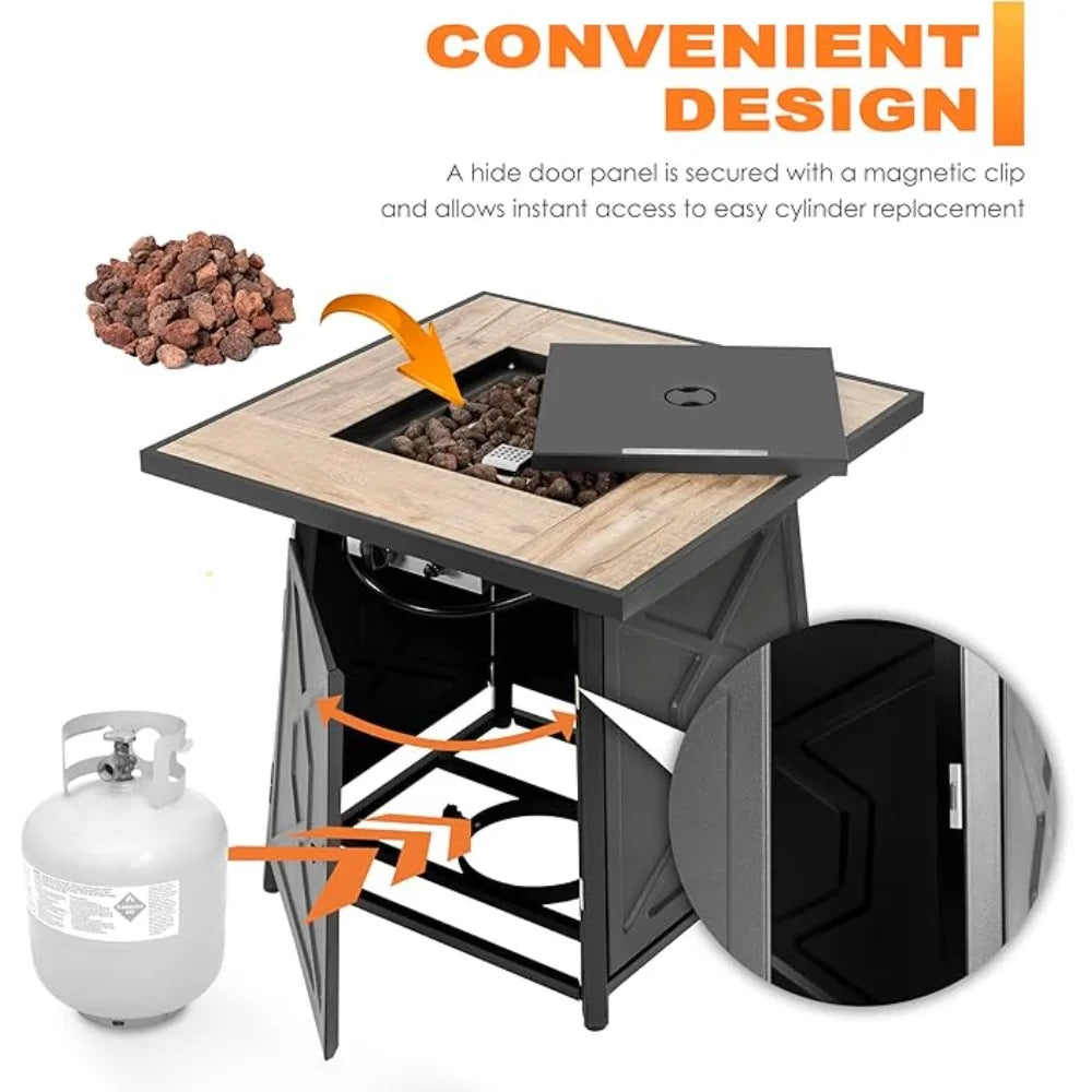 28 Inch Outdoor Propane Fire Pit Table, 50,000 BTU Square Gas Fire Table with Ceramic Tabletop, Lid, Cover, Lava Rock