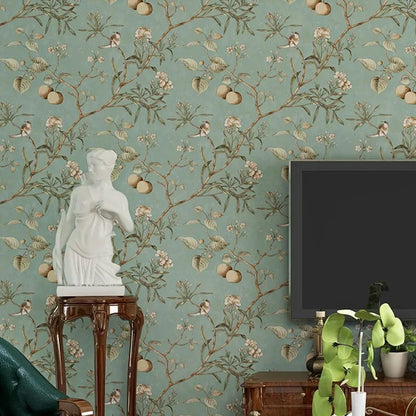 Country Wallpaper Idyllic Style Retro Nostalgic Bedroom Dark Green Flowers and Birds TV Background Wallpaper Non Self-adhesive