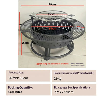3-in-1 Outdoor Fire Pit BBQ Grill Round Charcoal Table Fireplace with Cooking Grate Heavy Duty Metal for Patio Backyard Party