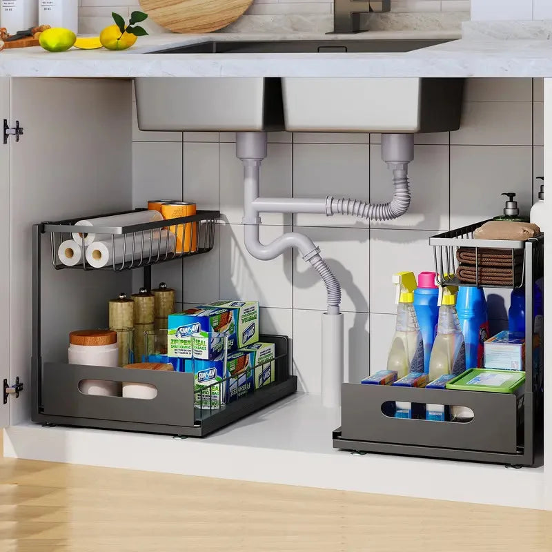Double-layer Sliding Rail Basket Under-Sink Storage Rack Bathroom Kitchen Storage