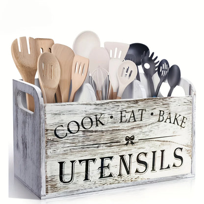 Rustic Wooden Kitchen Utensil Holder - 3-Compartment Countertop & Wall-Mounted Organizer for Spoons Whisks & More Space-Saving