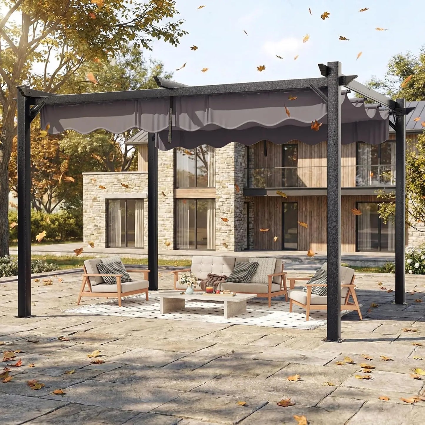 10'x12' Outdoor Pergola with Retractable Canopy, Patio Metal Heavy-Duty Gazebo Shelter for Backyard, Deck, Garden, Customized