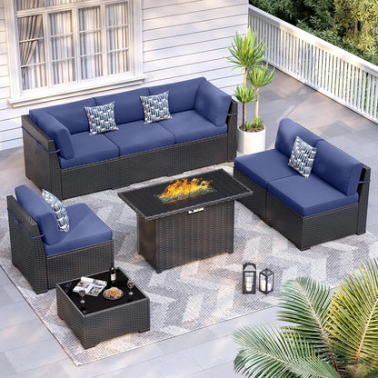 8pc Patio Set 44" Fire Pit Table All Weather Wicker Sectional Sofa Coffee Table Thickened Cushions Outdoor, Custom