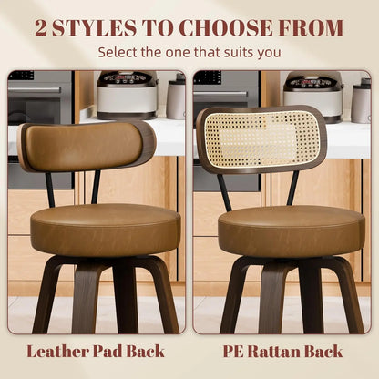 Bar Stools Set of 3, Brown Leather 26'' Swivel Counter Height Bar Stools, Modern Bar Stools with Back & Wood Legs,, Customized
