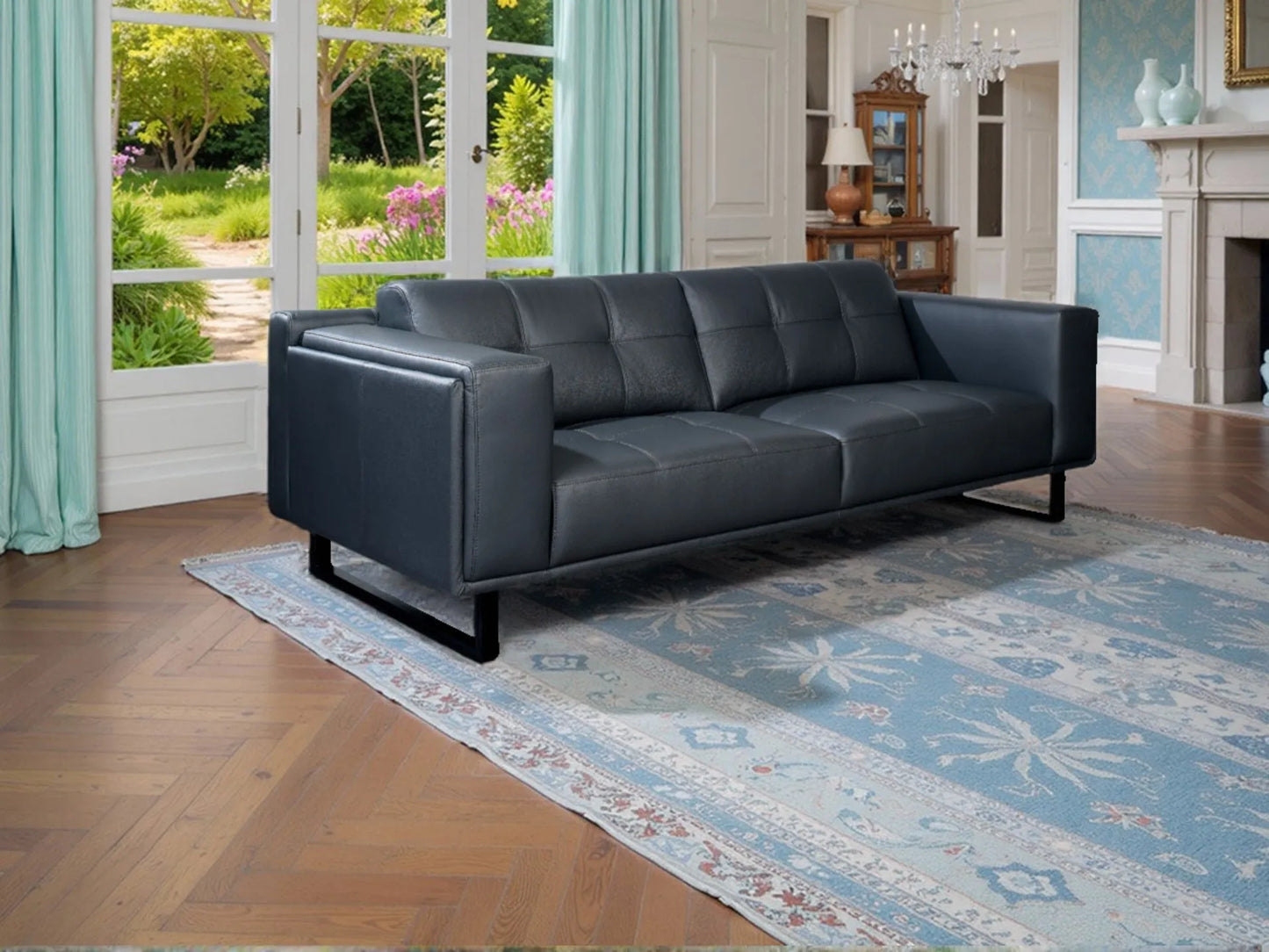 Reception room, hotel lobby, business tourist living room, leather double lounge sofa