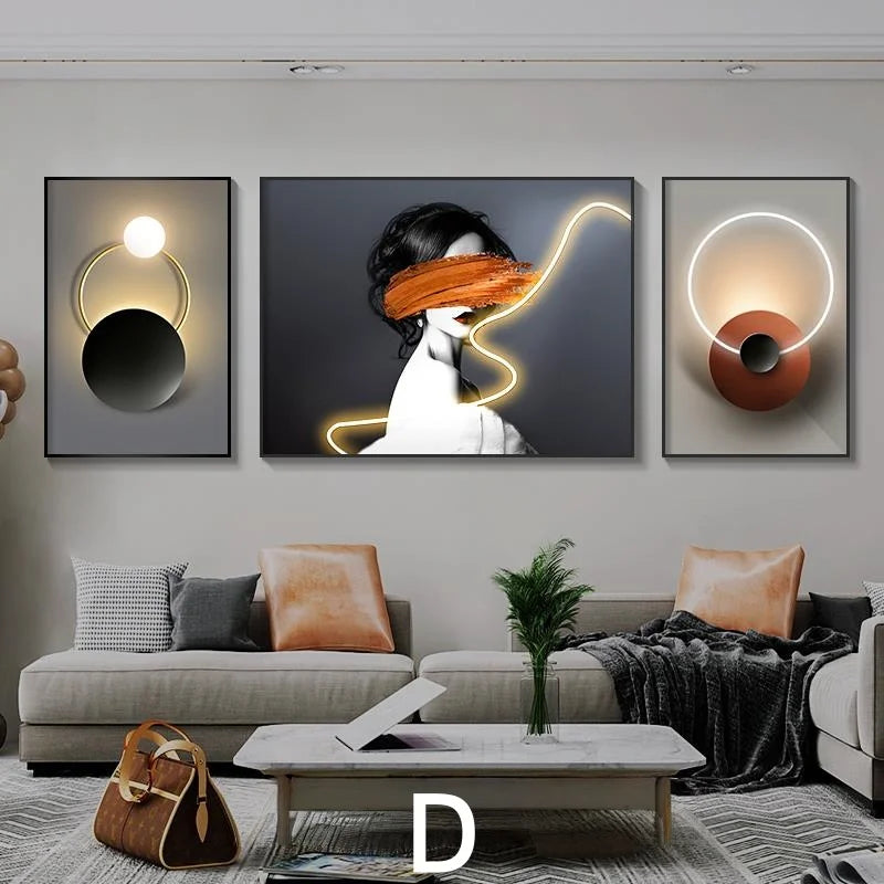Living Room Decoration Painting LED Lighting Mural Painting Character Triptych Hanging Painting Bedroom Sofa Background Wall