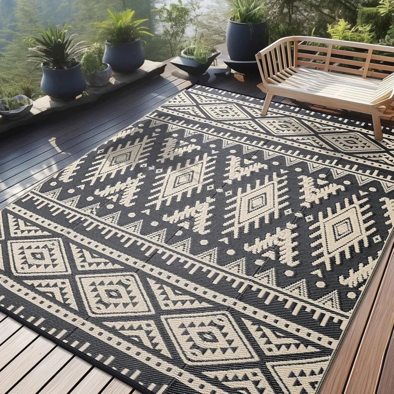 VIKAMA Bohemian Geometric Outdoor Rug Non-Slip Wear-Resistant Balcony Terrace Mat Camping Picnic RV Carpet Home Decoration
