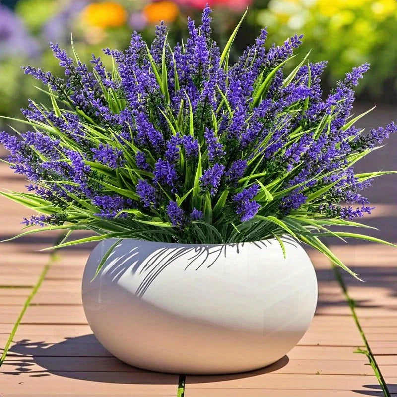 10pcs Bundles Artificial Lavender & Monkey Grass Flowers - UV-Resistant Plastic Outdoor/Indoor Faux Plants, 14.5" Realistic Stem