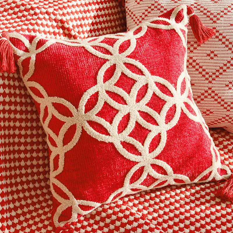 New House Red Pillows for Sofa Decoration Nordic Style Decorative Pillow Case Cover Tassels Throw Pillows with Geometric Lines
