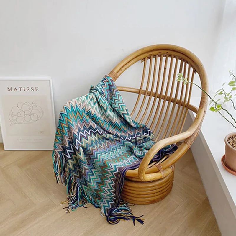 Bohemian Throw Blanket Geometric Knitted Blanket for Bed Plaid Living Room Boho Home Decor Travel Thread Blanket With Tassel INS