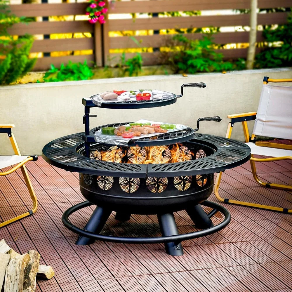36 Inch Fire Pit with 2 Cooking Grills, Outdoor Wood Burning BBQ Firepit with Lid, 3-in-1 Outdoor Fire Pit for Backyard Deck