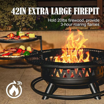 42 Inch Round Outdoor Fire Pit with Dual Grills, Wood-Burning, Ideal for Backyard Parties and Picnics
