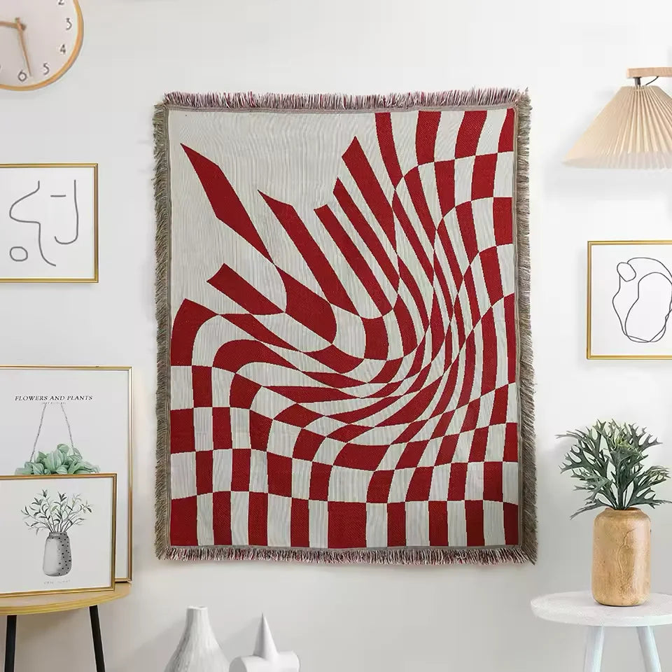 Red White Optical Illusion Throw Blanket Abstract Warped Checkerboard Swirl Jacquard Woven Tapestry Modern Op Art Decor Throw