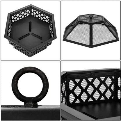 Portable Courtyard Metal Fire Pit 22" Hexagonal Shaped Iron Brazier Wood Burning Fire Pit Decoration for Backyard Poolside
