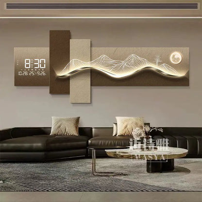 Modern Living Room Decoration Painting With Mountain Backed Led Clock Wall Lamp Painting Sofa Background Wall Hanging Painting