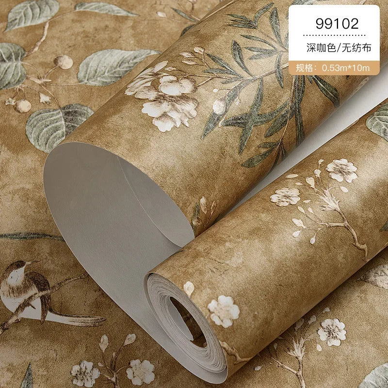 Country Wallpaper Idyllic Style Retro Nostalgic Bedroom Dark Green Flowers and Birds TV Background Wallpaper Non Self-adhesive