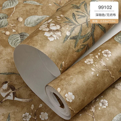 Country Wallpaper Idyllic Style Retro Nostalgic Bedroom Dark Green Flowers and Birds TV Background Wallpaper Non Self-adhesive