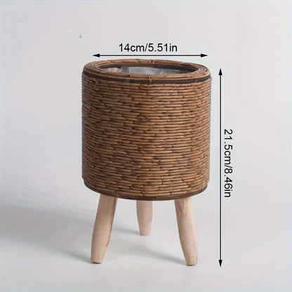 Charming Rustic Rattan Planter With Wooden Legs - Versatile Woven Storage Basket For Indoor/Outdoor Plants & Decor