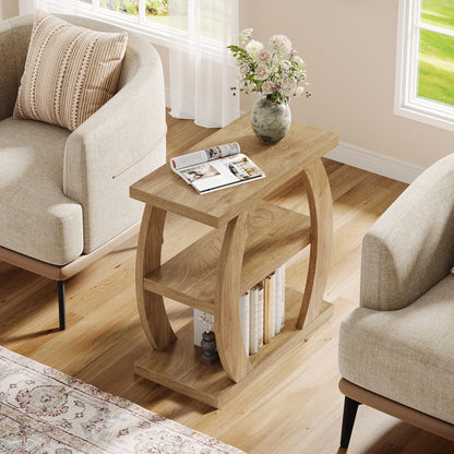 Tribesigns End Table for Living Room, 3-Tier Narrow Side Table with Storage, Farmhouse Wooden Beside Table with Geometric Frame, Tall Nightstand for Bedroom, Small Spaces, Natural Oak