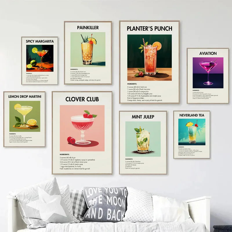 Classic Simple Bar Drinks Liquor Cocktail Bartending Recipe Poster Canvas Art Painting Prints Home Room Bar Wall Decoration