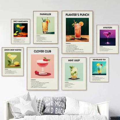 Classic Simple Bar Drinks Liquor Cocktail Bartending Recipe Poster Canvas Art Painting Prints Home Room Bar Wall Decoration