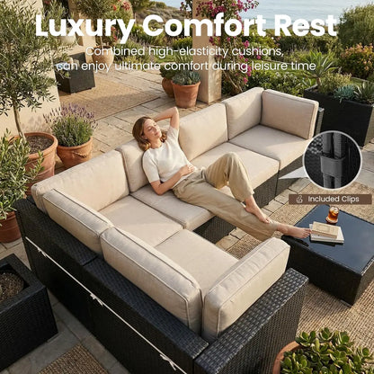 8 Pieces Patio Furniture Set with 44" Propane Gas Fire Pit Table, Outdoor Sectional Wicker Conversation Sofa Sets, Customized