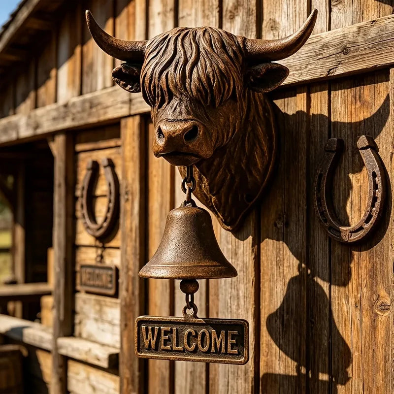 Rustic Highland Cow Hanging Bell, Scottish-Themed Resin Welcome Doorbell with Clear Chime, Outdoor Decor for Porch, Garden, Farm