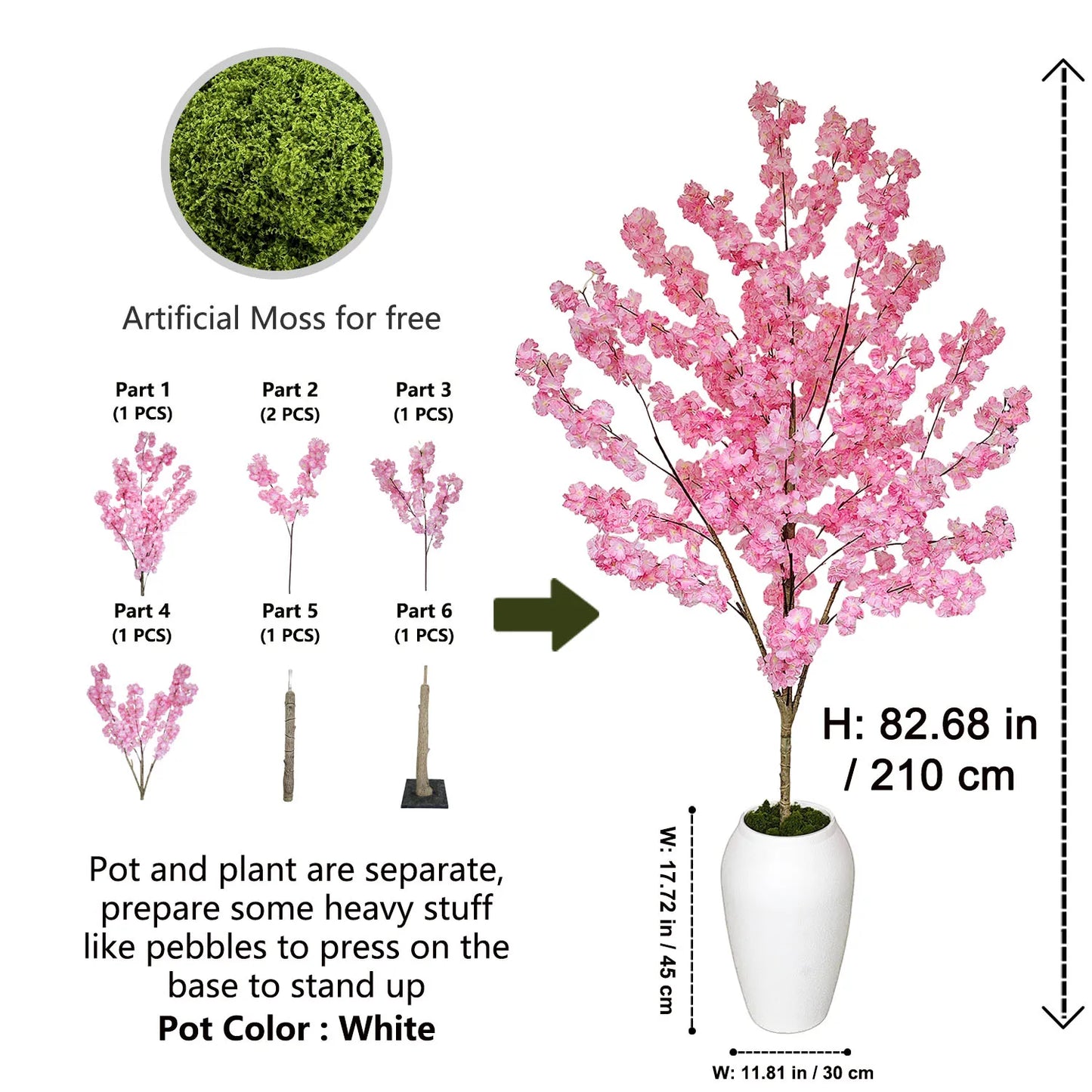 160-210cm/6.9ft Artificial Cherry Blossom Tree Plant Indoor Outdoor Ornament Fake Plant for Home Wedding Party Living Room Decor