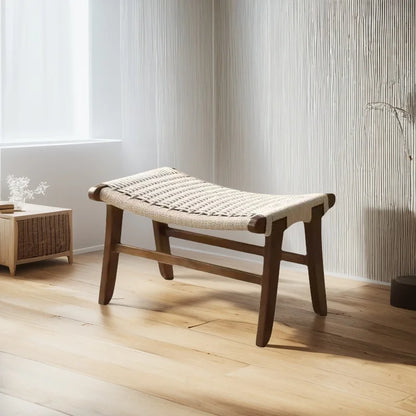 Handcrafted Solid Wood Woven Low Stool Rope-Woven Rattan Footrest Bench for Home Dining Entryway Bed-End