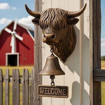 Rustic Highland Cow Hanging Bell, Scottish-Themed Resin Welcome Doorbell with Clear Chime, Outdoor Decor for Porch, Garden, Farm