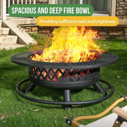 36 Inch Wood Burning Fire Pit with Grill: Outdoor Fire Pits with Lid & Fire Poker, 3 in 1 Round Metal Firepit Table with