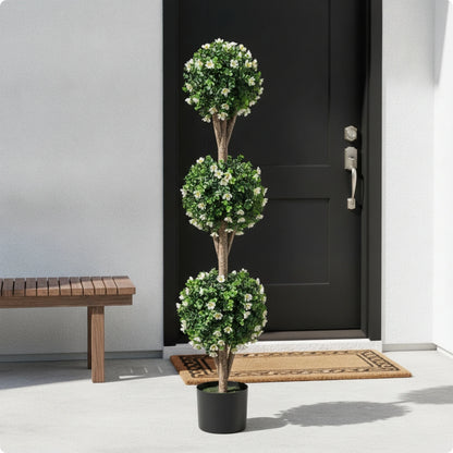 Triple Ball Topiary Tree Indoor Outdoor Artificial Topiary Tree Plant Realistic Faux for Entryway, Porch