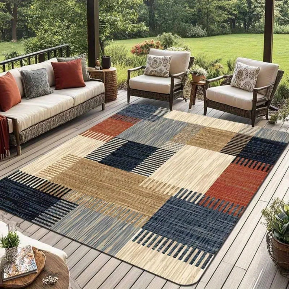 Modern Geometric Patchwork Outdoor Area Rug Multicolor Striped Print Floor Mat for Patio Porch Deck Living Room Boho Decor