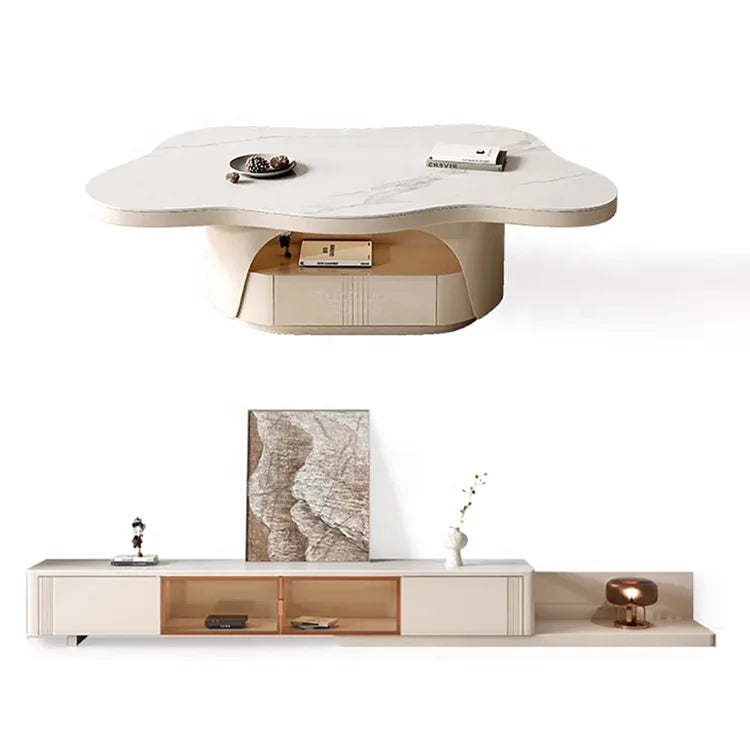 The modern style of the living room, with large coffee tables in the center and on both sides