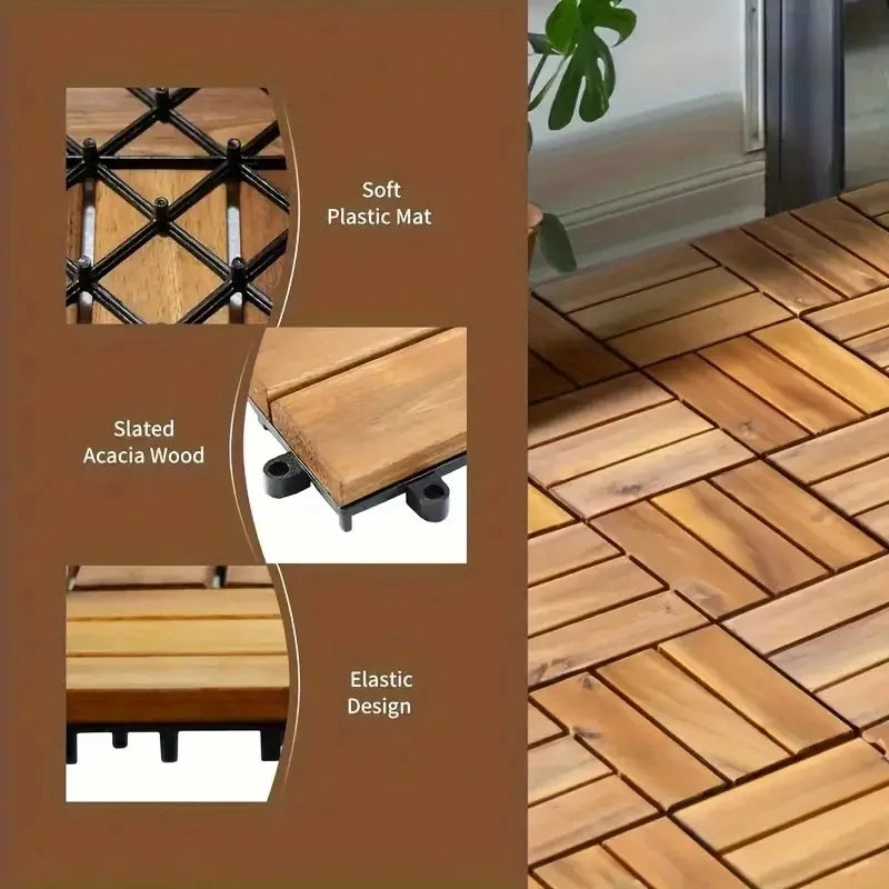20-Piece Solid Acacia Interlocking Deck Tiles Outdoor Patio Flooring 12x12x0.9-Inch Waterproof for Balconies Backyards Porches Poolside All-Weather Use Brown Cross-Grain Square Joints