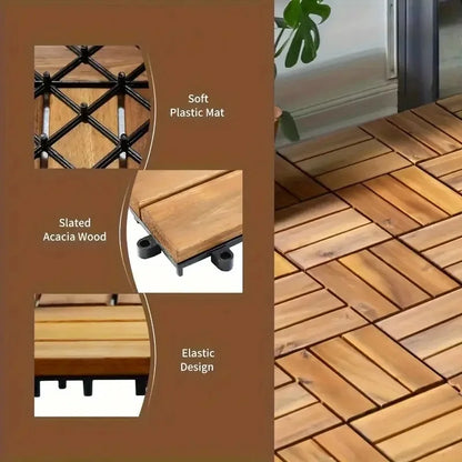 20-Piece Solid Acacia Interlocking Deck Tiles Outdoor Patio Flooring 12x12x0.9-Inch Waterproof for Balconies Backyards Porches Poolside All-Weather Use Brown Cross-Grain Square Joints