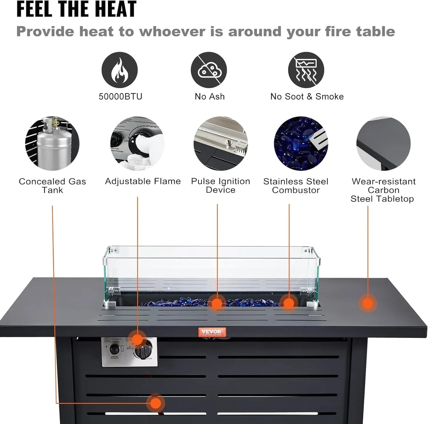 # l Outdoor Propane Gas Fire Pit Table, 43 Inch 50,000 BTU Auto-Ignition Propane Fire Pit Table, CSA Approved with Glass Wind Gu