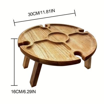 For Garden Party Folding Outdoor Wooden Table Round Collapsible Picnic Desk With Wine Glass Holder 2in1 Rack