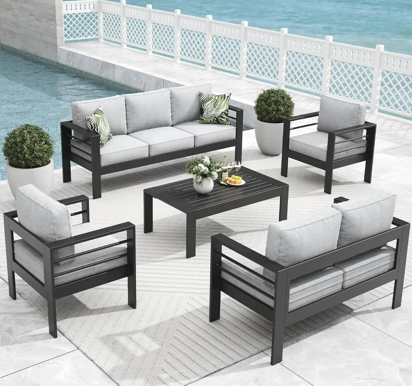 5 Pieces Modern Aluminum Patio Furniture Set with Fire Pit Table, Outdoor Conversation Sets Metal Sectional Sofa