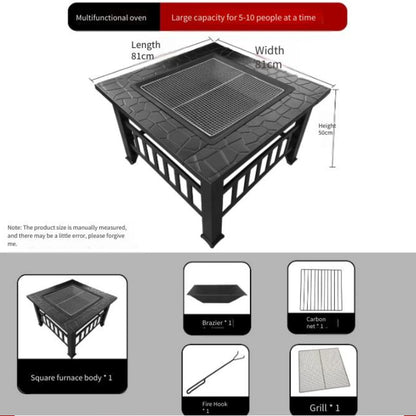 Modern Black Powder Coated Metal Fire Pit Table - Square Wood Burning Stove Heavy Duty Rustproof  Outdoor Patio Garden BBQ Party