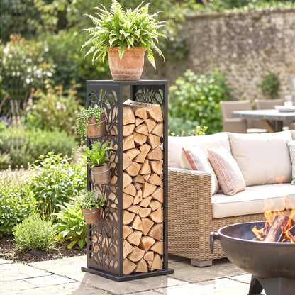 15 Inch Firewood Rack Outdoor Indoor with Cutout Design, Black
