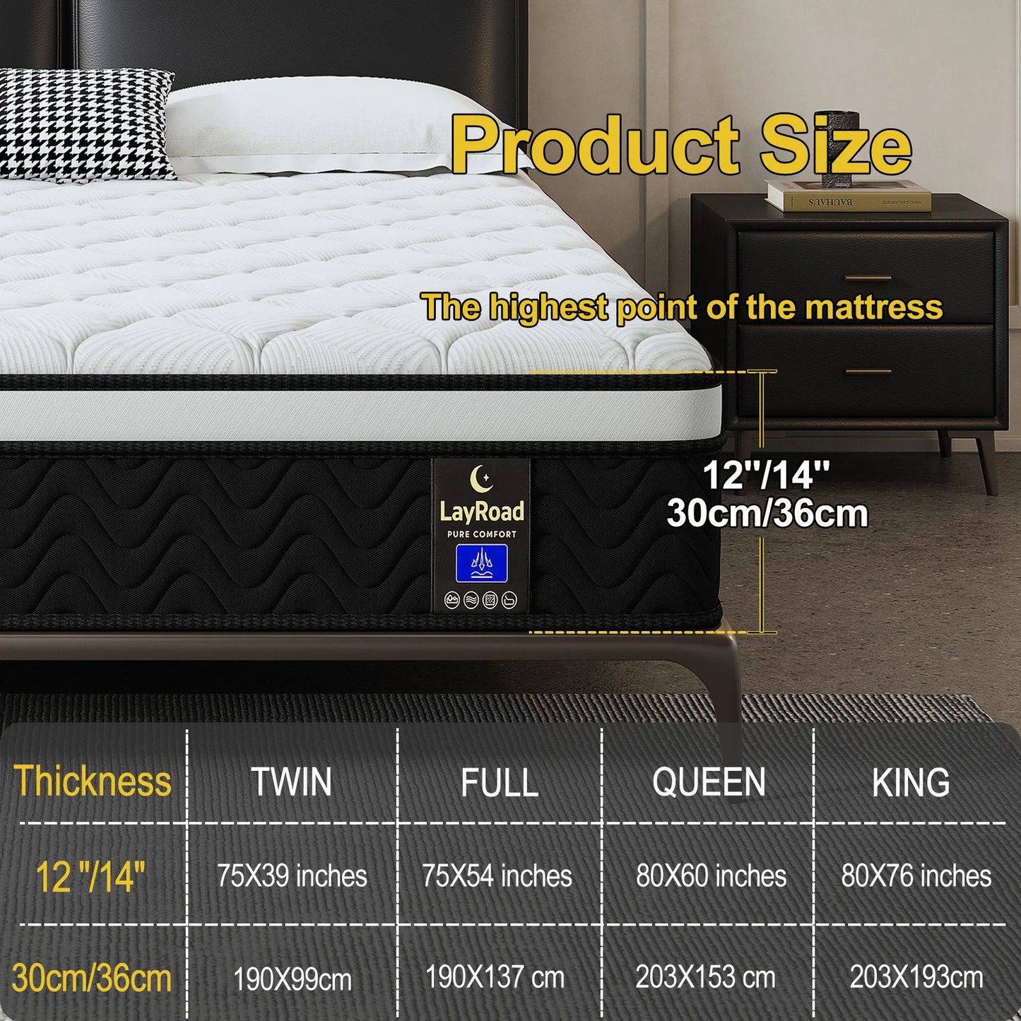 LayRoad 12/14Inch Memory Foam Spring Mattress Single/Double/Queen/King Sizes Boxed Mattress Medium Firmness Pressure Relief