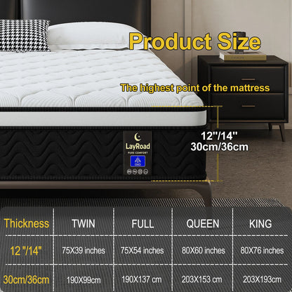 LayRoad 12/14Inch Memory Foam Spring Mattress Single/Double/Queen/King Sizes Boxed Mattress Medium Firmness Pressure Relief
