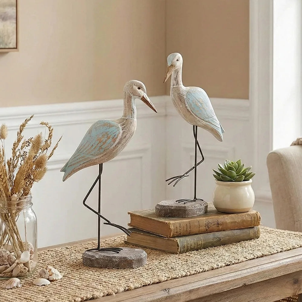 Mediterranean Style Creative Tall Bird Wooden Sculpture Desk Decoration Office Gift Retro Ornaments Exquisite Carving