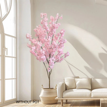Artificial Pink Cherry Blossom Tree Trunk Faux Silk Leaves Plant for Home Office Indoor Outdoor Decor