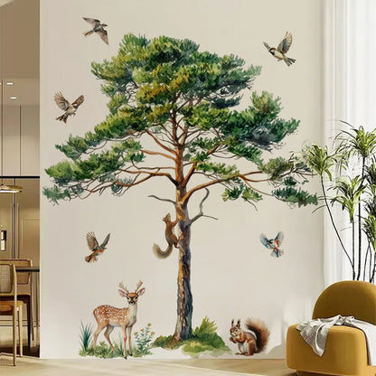 Large Pine Tree Wall Stickers Squirrel Deer Birds Forest Animal Decals Removable Vinyl Mural for Nursery Living Room Home Decor