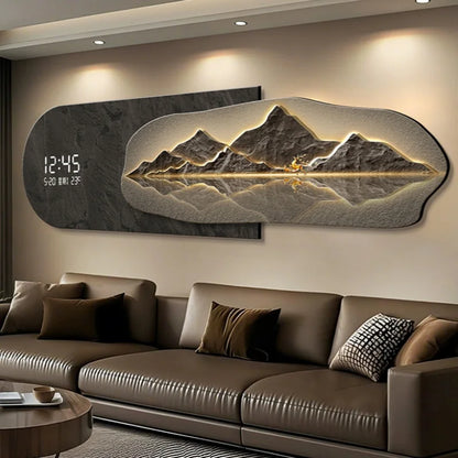 2026 High End Living Room Decoration Painting LED Digital Electronic Clock Mountain Back Atmosphere Light Hanging Painting