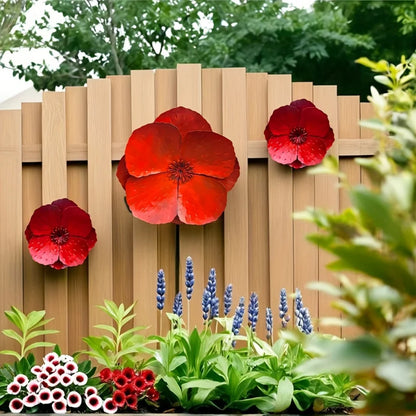 Set of 2 Giant Red Metal Poppy Flowers - Outdoor Wall/Fence Decor for Home, Garden, Spring & Summer Accents