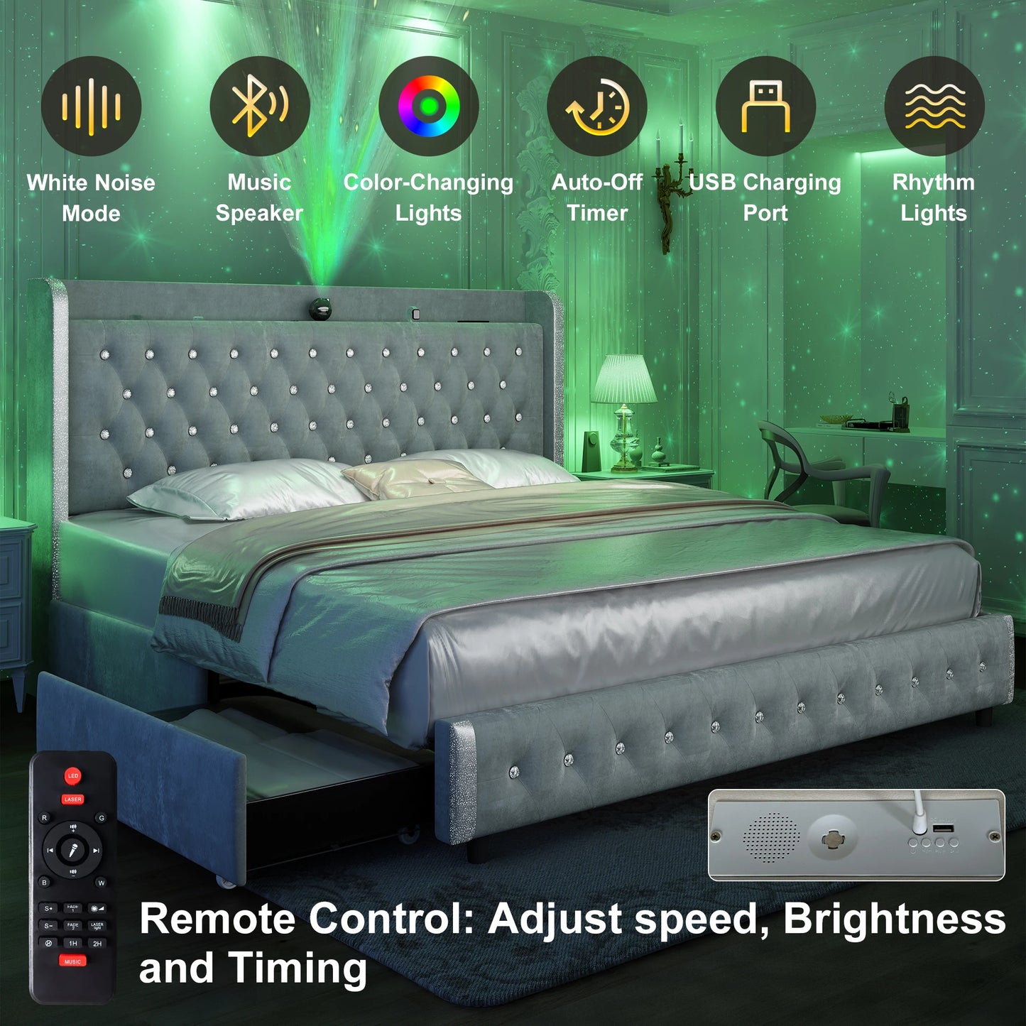Queen LED Bed Frame with Galaxy Projector, Bluetooth Speaker, USB Ports, 4 Drawers, No Box Spring Needed, PU Black